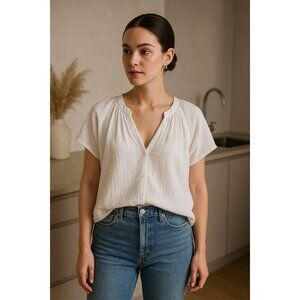 H&M Women L White V-Neck Blouse Relaxed Fit Clean Girl Minimalist Large